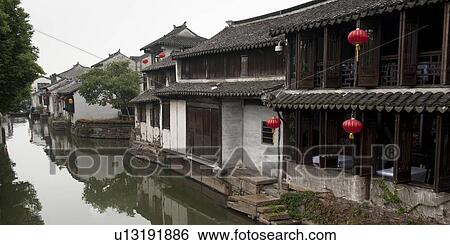 Houses along the canal, Zhouzhuang, Jiangsu Province, China View Large Photo Image Stock Photograph - Houses along the canal, Zhouzhuang, Jiangsu Province, China. Fotosearch