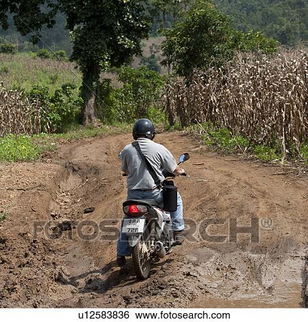Motorcyclist on village road along the field, Chiang Dao, Chiang Mai Province, Thailand View Large Photo Image Stock Photograph - Motorcyclist on village road along the field, Chiang Dao, Chiang Mai Province, Thailand. Fotosearch