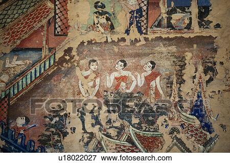 Stock Photo - Mural on the wall of Wat Phra Singh, Chiang Mai, Thailand. Fotosearch