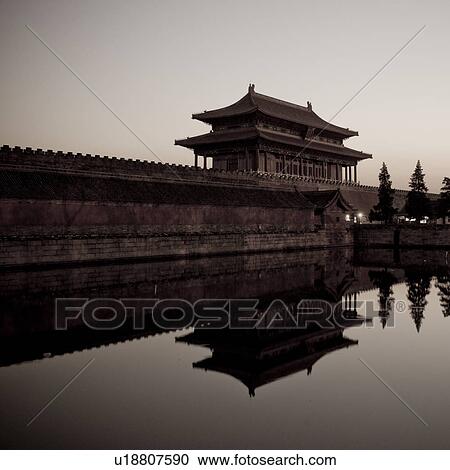 Stock Image - Reflection of a building in water, Gate of Divine Might, Forbidden City, Beijing, China. Fotosearch