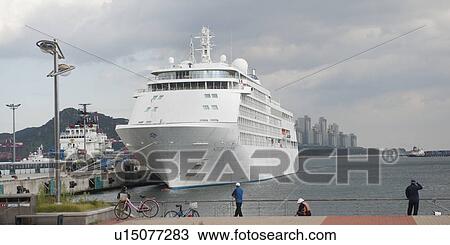Stock Image - Silver Shadow cruise ship at the Busan harbor, Busan, Yeongnam, South Korea. Fotosearch