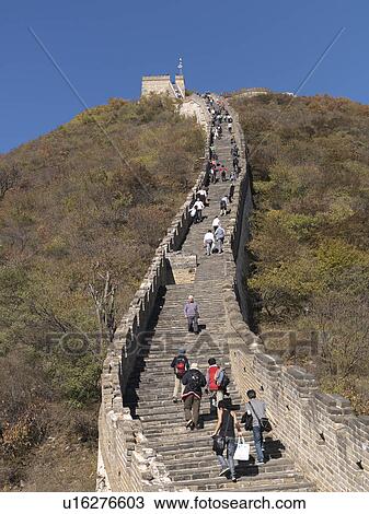 Stock Image - Tourists at the Mutianyu section of the Great Wall of China, Beijing, China. Fotosearch