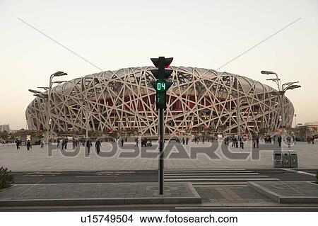 Picture - Traffic light in front of Beijing National Stadium, Olympic Green, Beijing, China. Fotosearch