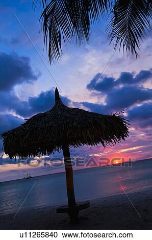 Stock Image - Aruba, silhouette of palapa on beach at sunset. Fotosearch