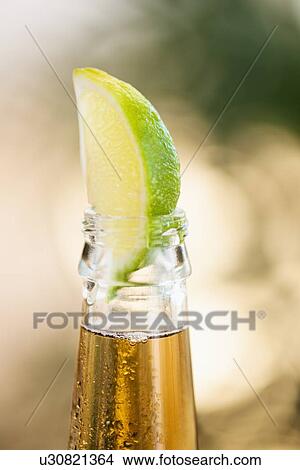 Picture - Beer bottle with lime wedge. Fotosearch