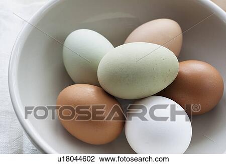 Stock Image - Close up of eggs in bowl. Fotosearch