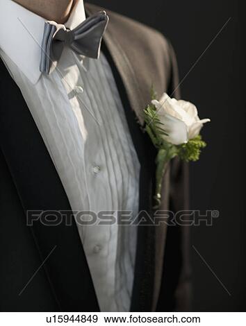Midsection of bridegroom wearing tuxedo with boutonniere View Large Photo Image Stock Photo - Midsection of bridegroom wearing tuxedo with boutonniere. Fotosearch