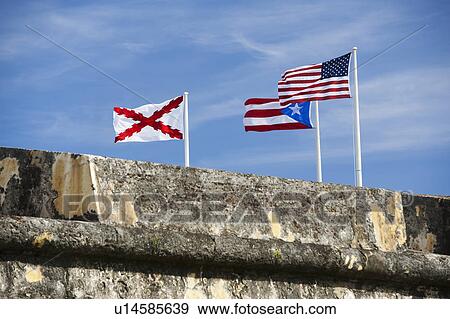 Stock Photo - Puerto Rico, Old San Juan, El Morro Fortress, flags behind wall. Fotosearch