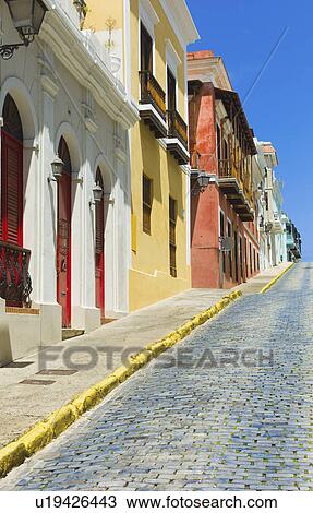 Stock Image - Puerto Rico, Old San Juan, Row of historic houses in Old Town. Fotosearch