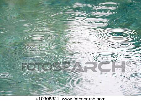 Stock Image - Raindrops on falling on pond surface. Fotosearch