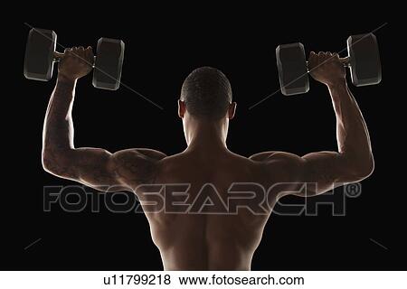 Stock Photo - Rear view of muscular man exercising with dumbbells. Fotosearch