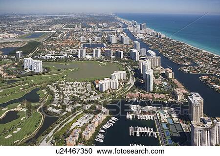 Stock Image - USA, Florida, Miami cityscape as seen from air. Fotosearch
