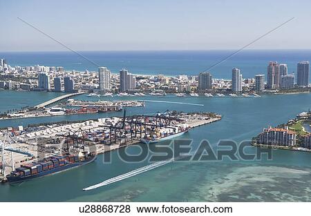 USA, Florida, Miami, Cityscape with coastline View Large Photo Image Stock Photo - USA, Florida, Miami, Cityscape with coastline. Fotosearch