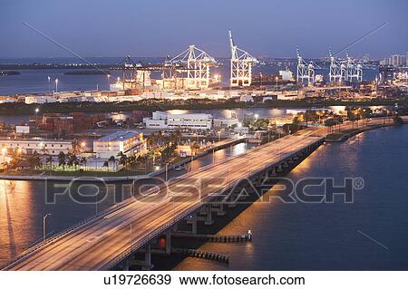 USA, Florida, Miami, Commercial dock at dusk View Large Photo Image Stock Photo - USA, Florida, Miami, Commercial dock at dusk. Fotosearch