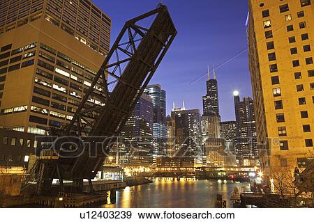 USA, Illinois, Chicago, Chicago River illuminated at night View Large Photo Image Stock Photo - USA, Illinois, Chicago, Chicago River illuminated at night. Fotosearch