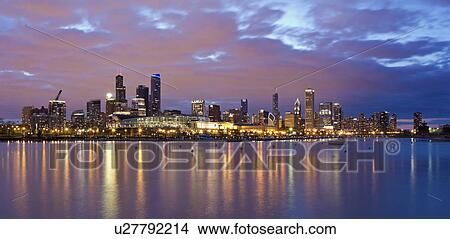 Picture - USA, Illinois, Chicago, City skyline over Lake Michigan. Fotosearch
