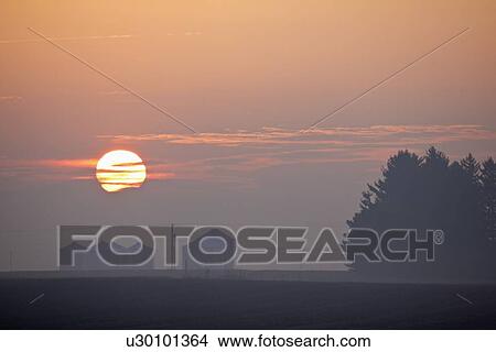 Picture - USA, Illinois, Springfield, Farm at sunrise. Fotosearch