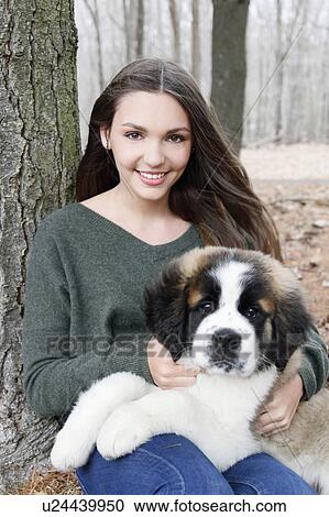 USA, New Jersey, Califon, Teenage girl (16-17) sitting with Saint Bernard puppy on laps, portrait View Large Photo Image Stock Image - USA, New Jersey, Califon, Teenage girl (16-17) sitting with Saint Bernard puppy on laps, portrait. Fotosearch