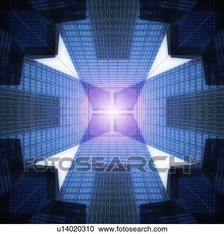 Stock Image - USA, New York, New York City, upward view of skyscrapers in abstract geometric shape. Fotosearch