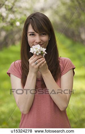 Stock Photo - Young woman holding apple tree blossom in orchard. Fotosearch