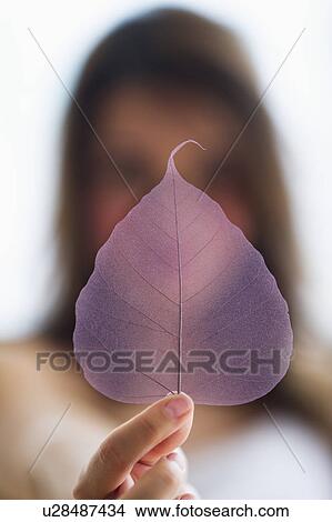 Picture - Young woman holding purple leaf. Fotosearch
