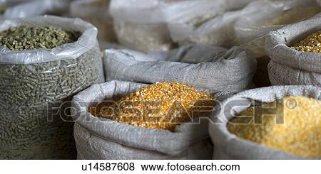 Stock Photo - Beans for sale at a grocery store, Sacred Valley, Cusco Region, Peru. Fotosearch