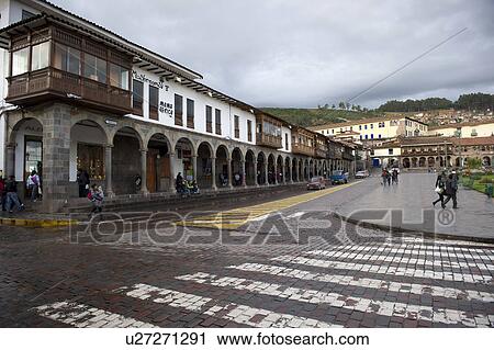 Stock Image - Building along a road, Plaza de Armas, Cuzco, Peru. Fotosearch