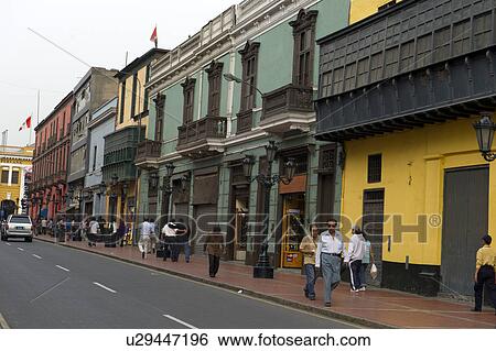 Stock Photograph - Buildings along a road, Historic Centre of Lima, Lima, Peru. Fotosearch