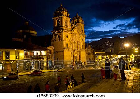 Stock Photo - Cathedral lit up at night, Church De La Compania De Jesus, Plaza de Armas, Cuzco, Peru. Fotosearch