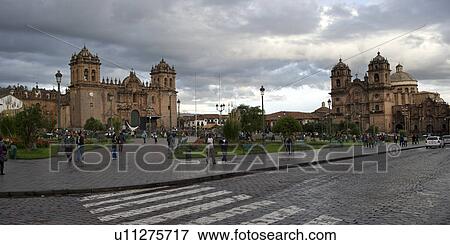 Stock Photo - Cathedral Of Santo Domingo and Church De La Compania De Jesus, Plaza de Armas, Cuzco, Peru. Fotosearch