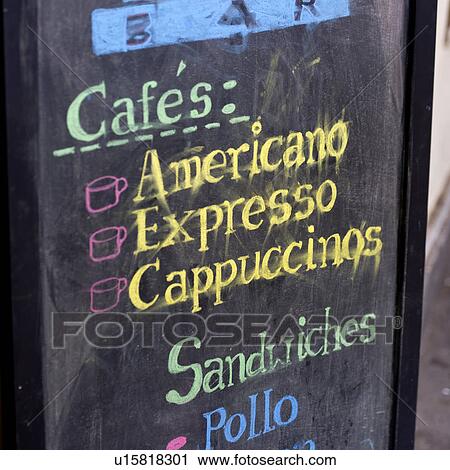 Stock Image - Close-up of a menu board, Cuzco, Peru. Fotosearch