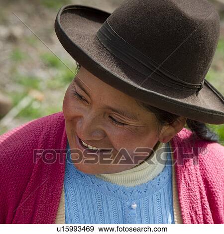 Stock Photo - Close-up of a Quechua Indian woman smiling at Chumpepoke Primary School, Poques, Sacred Valley, Cusco Region, Peru. Fotosearch