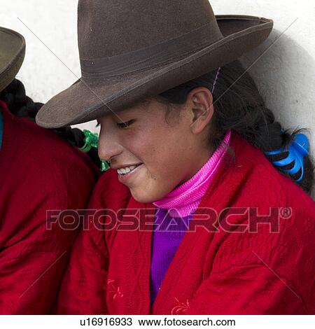 Stock Image - Close-up of a woman smiling, Mercado Central, Cuzco, Peru. Fotosearch