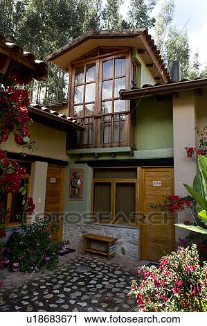 Stock Image - Facade of a guesthouse, Willka Tika, Sacred Valley, Cusco Region, Peru. Fotosearch