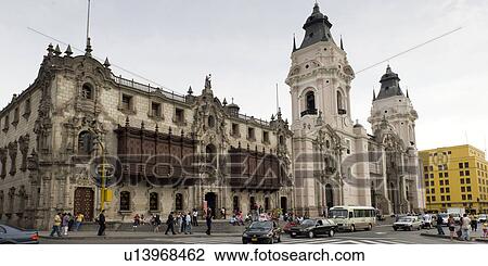 Stock Image - Facade of Cathedral Of Lima, Plaza Mayor, Historic Centre of Lima, Lima, Peru. Fotosearch