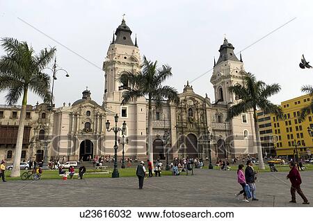 Stock Image - Facade of Cathedral Of Lima, Plaza Mayor, Historic Centre of Lima, Lima, Peru. Fotosearch