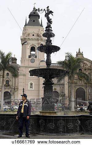 Fountain with Cathedral Of Lima in the background, Plaza Mayor, Historic Centre of Lima, Lima, Peru View Large Photo Image Stock Photo - Fountain with Cathedral Of Lima in the background, Plaza Mayor, Historic Centre of Lima, Lima, Peru. Fotosearch