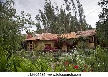 Stock Photography - Garden in front of a guesthouse, Willka Tika, Sacred Valley, Cusco Region, Peru. Fotosearch