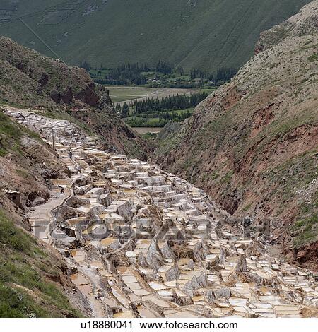 High angle view of terraced salt ponds, Salinas, Maras, Sacred Valley, Cusco Region, Peru View Large Photo Image Stock Image - High angle view of terraced salt ponds, Salinas, Maras, Sacred Valley, Cusco Region, Peru. Fotosearch