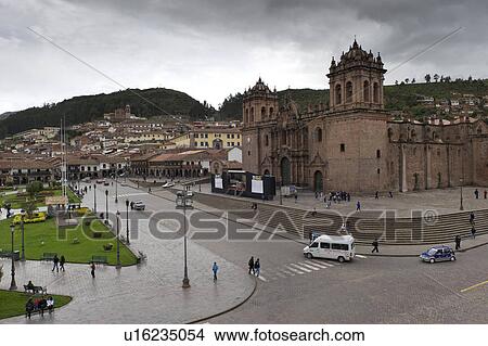 Picture - High angle view tourists at Plaza de Armas, Cuzco, Peru. Fotosearch