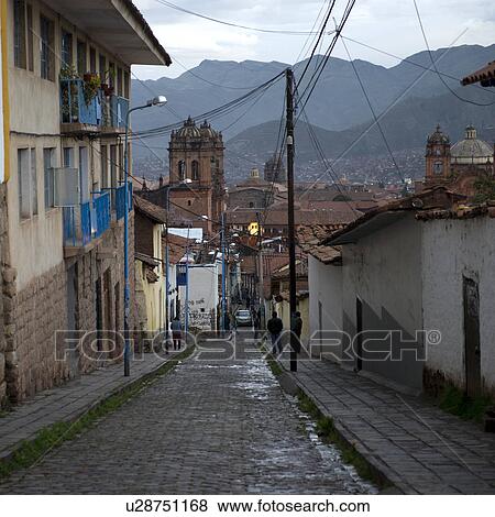 Stock Photo - Houses along a street, Cuzco, Peru. Fotosearch
