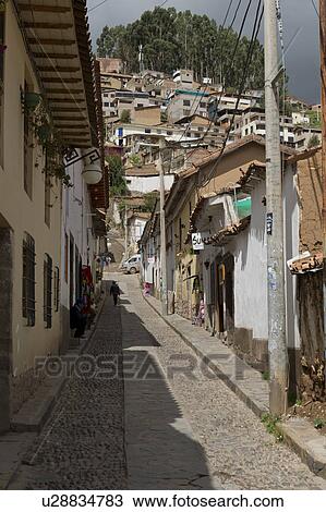 Stock Image - Houses along alley in Barrio De San Blas, Cuzco, Peru. Fotosearch
