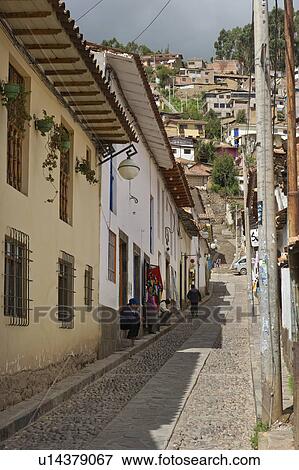 Stock Photo - Houses along alley in Barrio De San Blas, Cuzco, Peru. Fotosearch