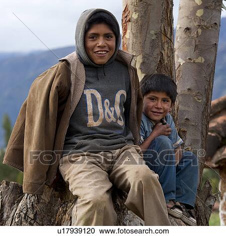 Stock Image - Portrait of two boys sitting on a tree, Sacred Valley, Cusco Region, Peru. Fotosearch