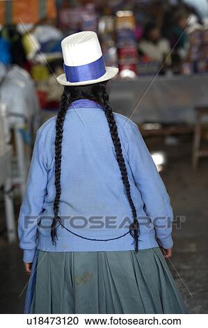 Stock Image - Rear view of a woman at a market, Mercado Central, Cuzco, Peru. Fotosearch