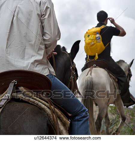 Picture - Tourists riding on horses, Sacred Valley, Cusco Region, Peru. Fotosearch