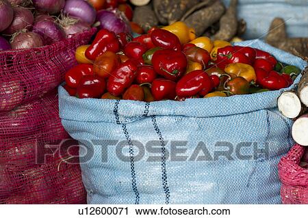 Stock Image - Vegetables for sale at a store, Sacred Valley, Cusco Region, Peru. Fotosearch