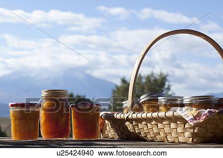 Stock Image - Basket full of jars with preserves. Fotosearch