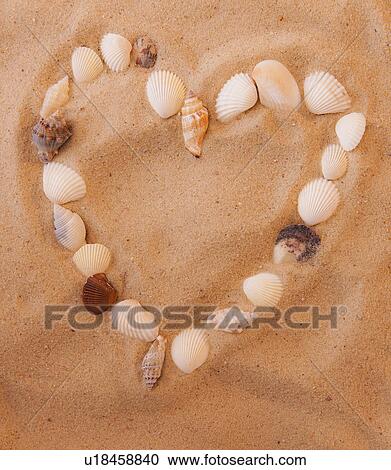 Stock Image - Close up of heart shape made of shells on sand. Fotosearch