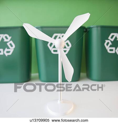 Close up of model of wind turbine and garbage bins View Large Photo Image Stock Photography - Close up of model of wind turbine and garbage bins. Fotosearch